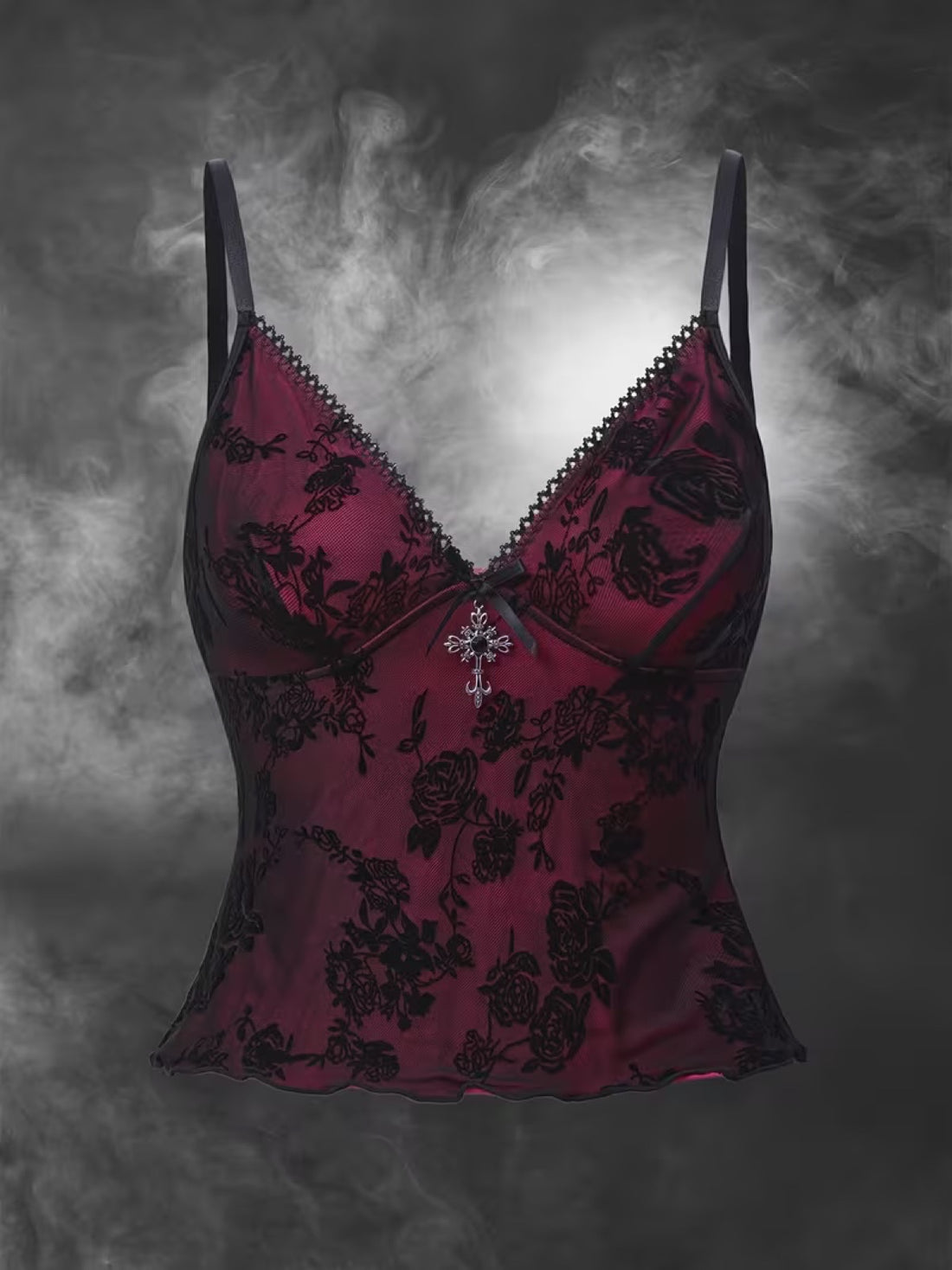 Bathilde — Caraco velours floqué bordeaux à croix