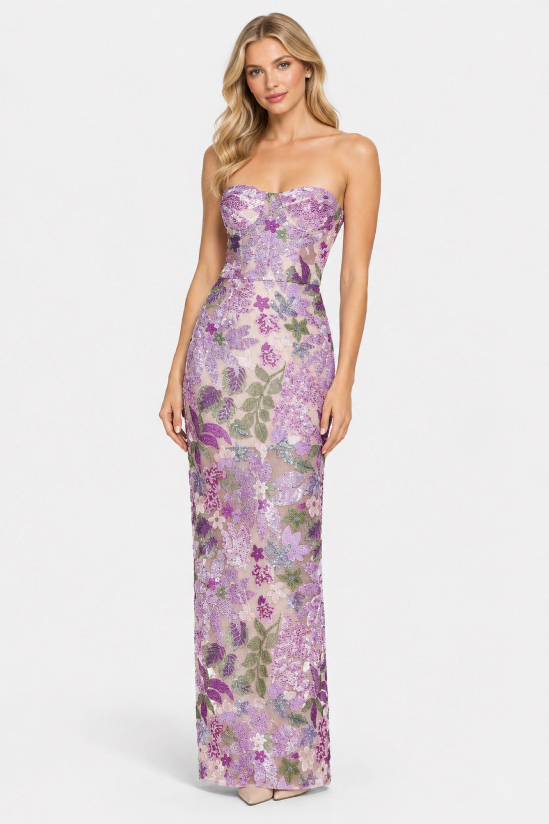 Lilas — Robe bustier brodée de fleurs à sequins