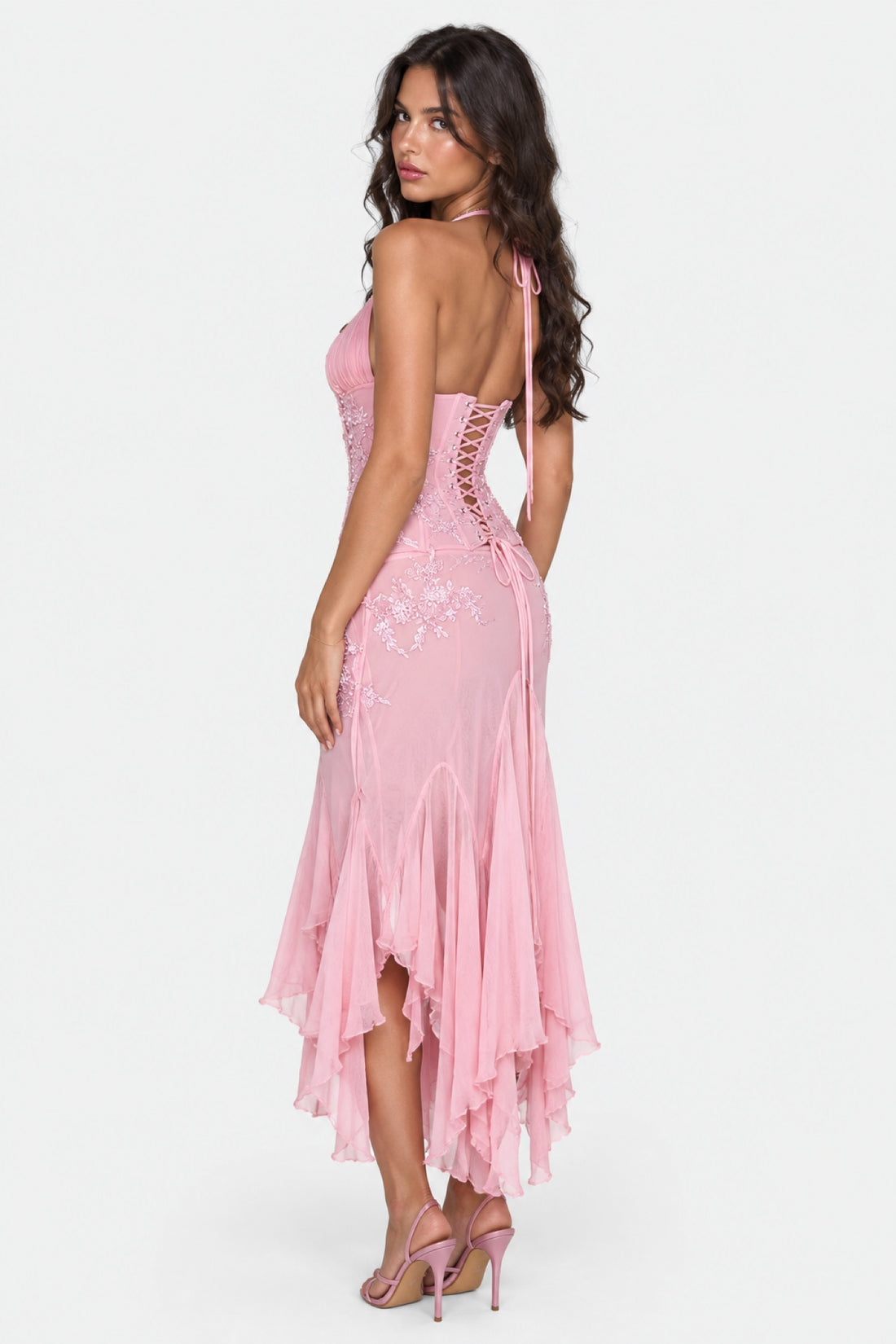 Rosalie — Robe dos nu mousseline et dentelle rose