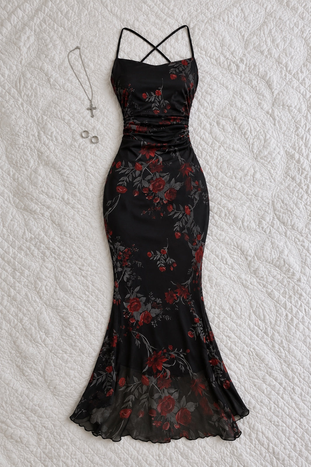 Roseline — Robe longue sirène imprimé roses