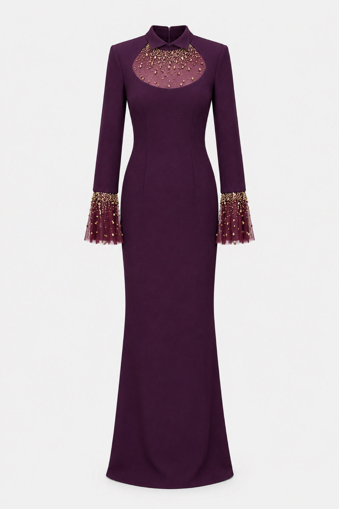 Violette — Robe longue prune plastron bijou