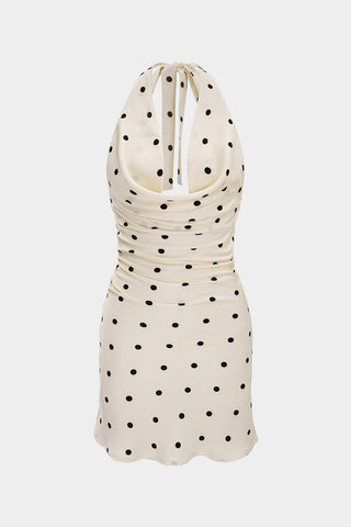 Robe Courte Satin à Pois Col Bénitier Dos Nu