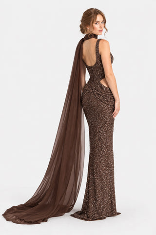 Ambre — Robe longue pailletée à cape