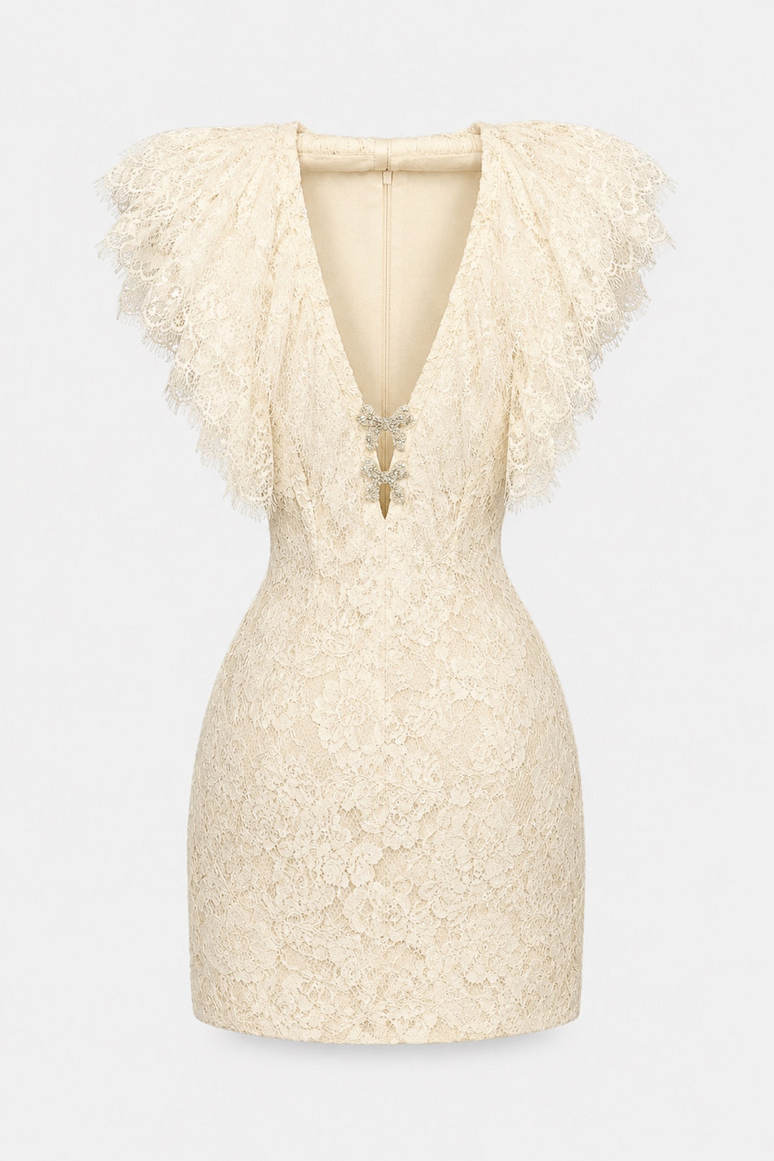 Bérénice — Mini-robe jacquard ivoire à franges de dentelle