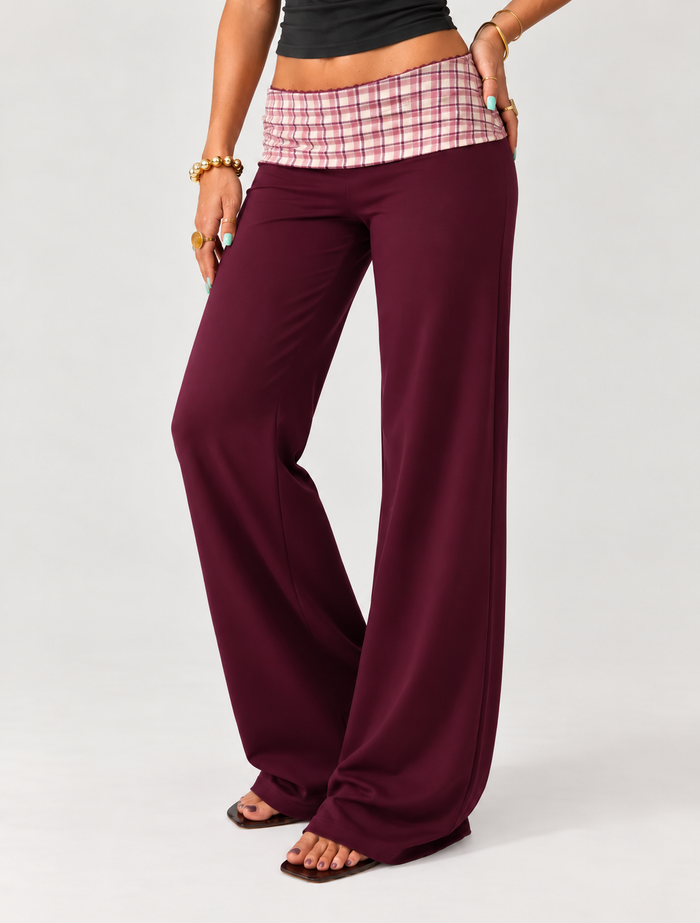 Solène — Polka Dot Waistband Wide Leg Pants Burgundy