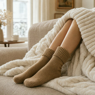 Chaussettes Séraphine portées sous le plaid