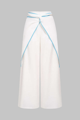 Pantalon Large Effet Lin Nœud Torsadé Bords Contrastés