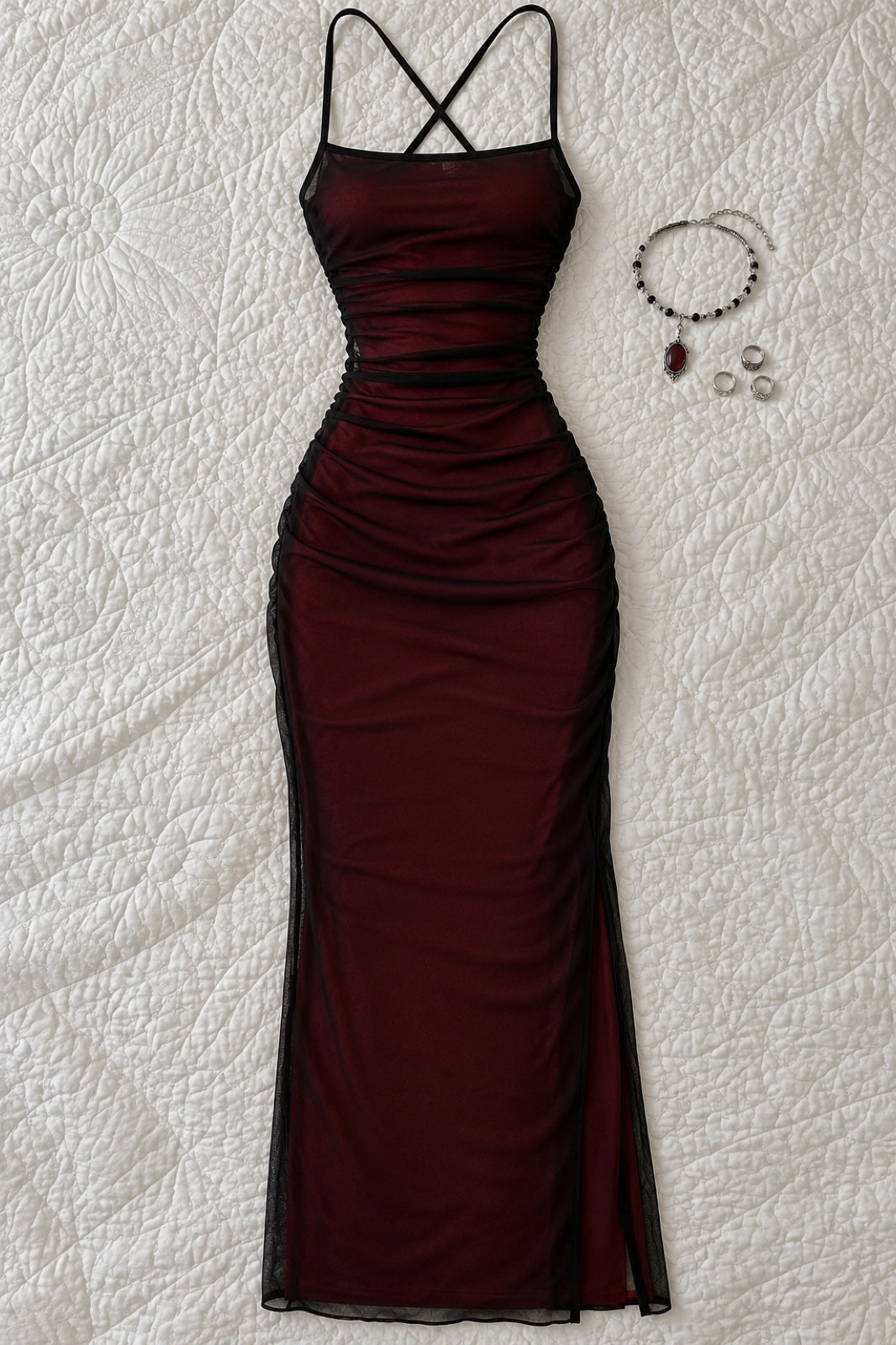 Élisabeth — Robe longue bordeaux voile noir