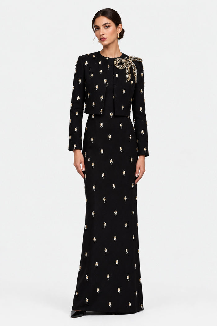 Gabrielle — Jeweled Bow Jacket & Maxi Dress Set