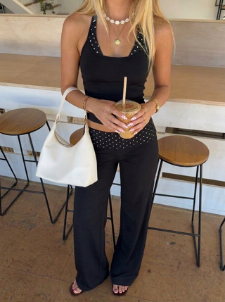 Solène — Polka Dot Waistband Wide Leg Pants