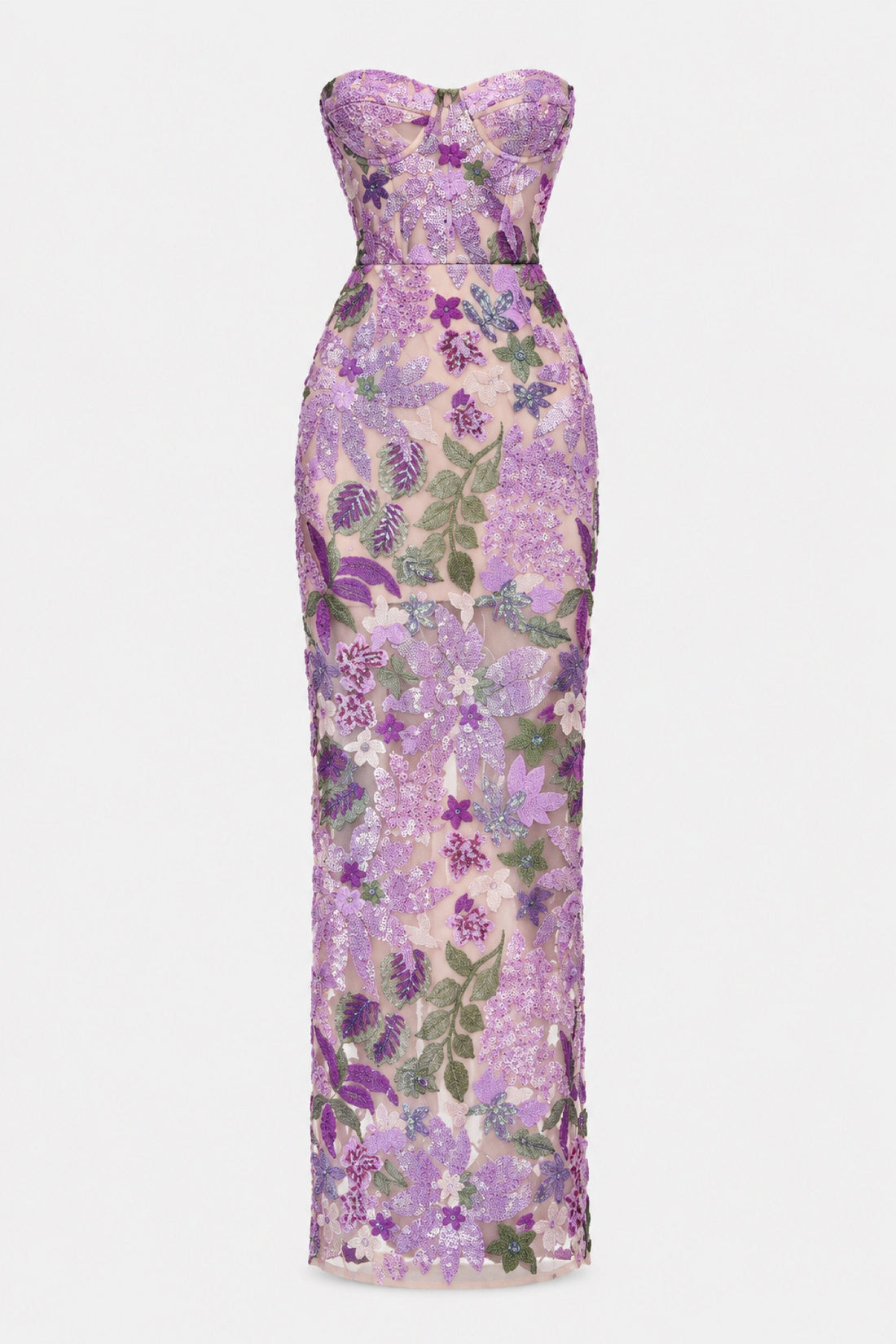 Lilas — Robe bustier brodée de fleurs à sequins