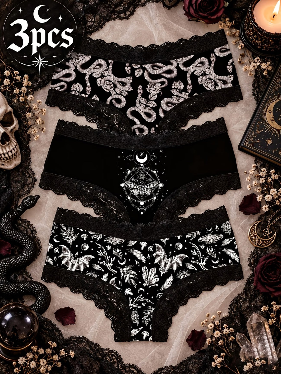 Nocturne — Pack de 3 culottes gothiques en dentelle