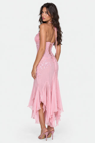 Rosalie — Robe dos nu mousseline et dentelle rose