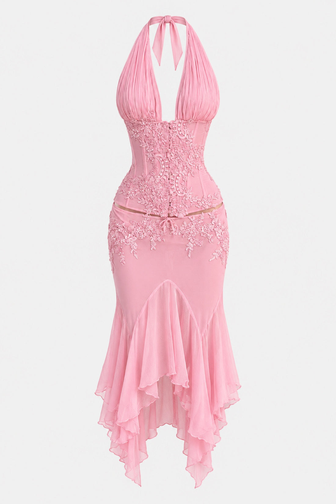 Rosalie — Robe dos nu mousseline et dentelle rose