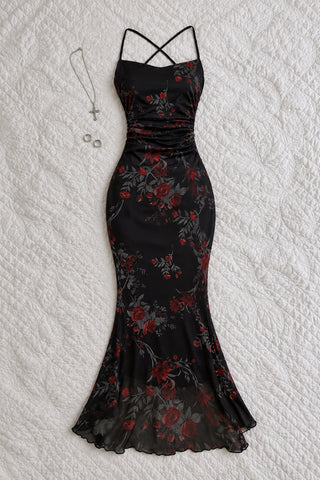 Roseline — Robe longue sirène imprimé roses