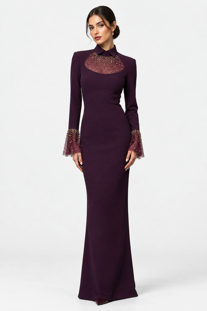 Violette — Plum Jeweled Bib Maxi Gown