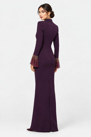 Violette — Robe longue prune plastron bijou