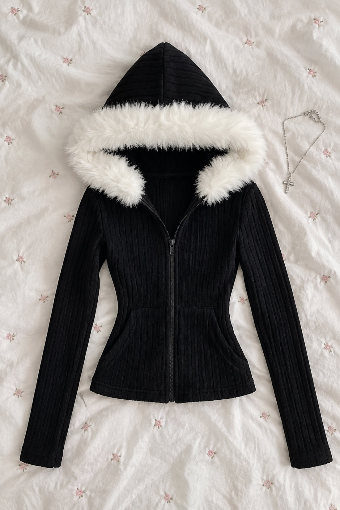 Ysaline — Gilet zippé côtelé capuche fausse fourrure